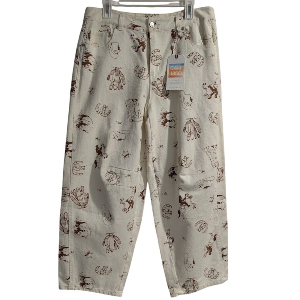 Cali 1850 Womens Western Print Barrel Jeans Cream Brown Size 13 NWT High Rise